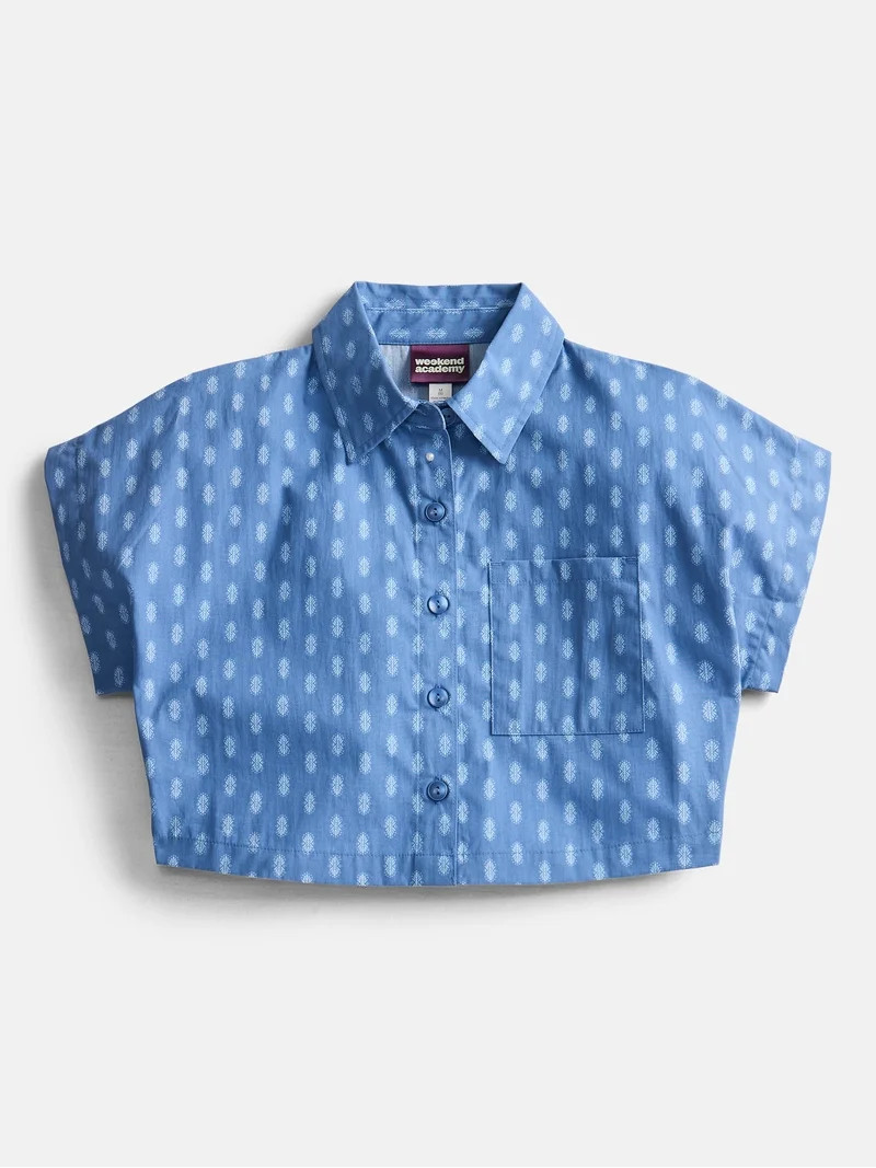 Weekend Academy Girl Cropped Button Down Cotton Shirt with Short Sleeves, Sizes 4-18 | Walmart (US)