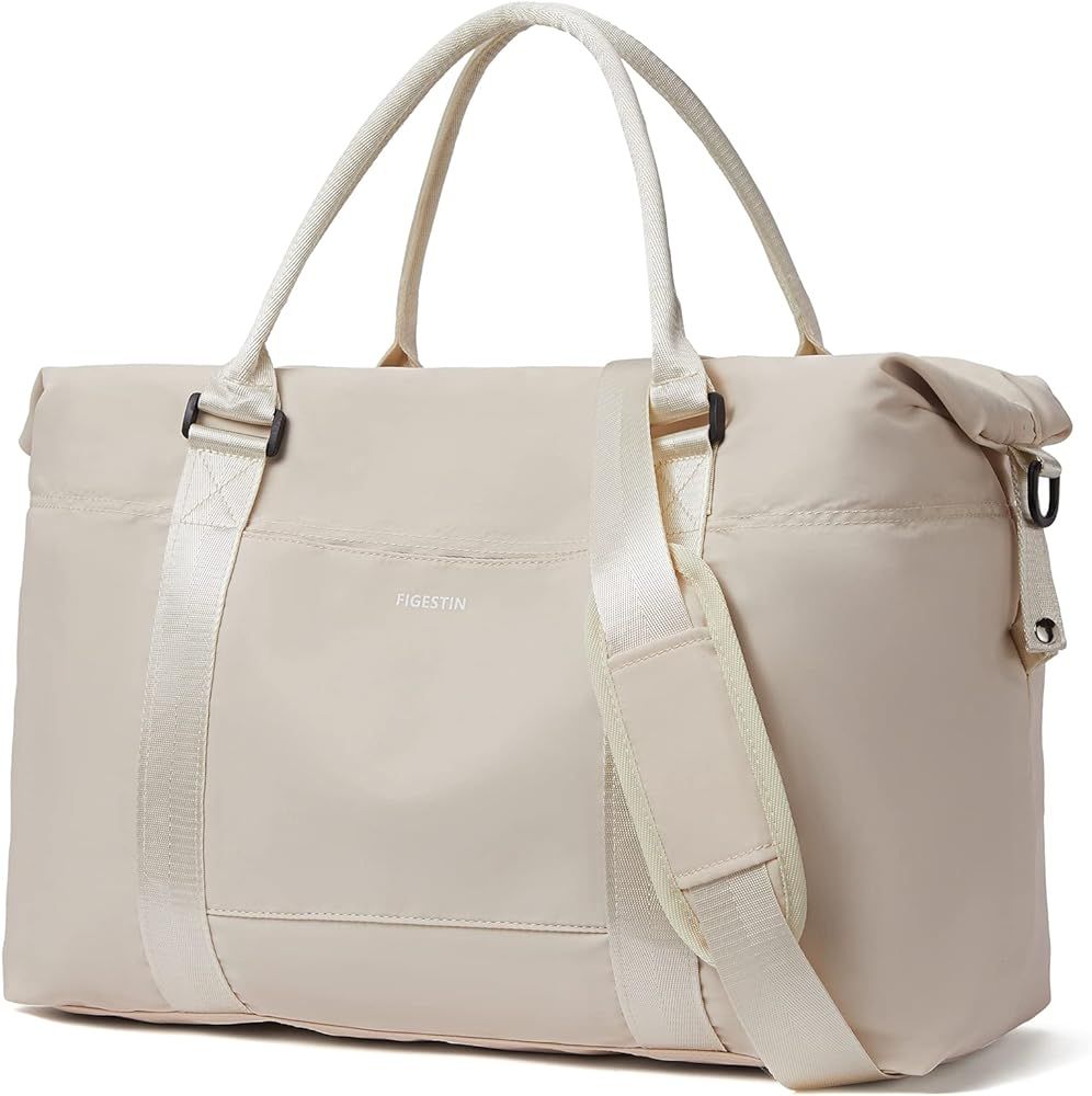 FIGESTIN Duffle Bag Weekender for Women Travel Tote Lightweight Carry On Overnight Girls Beige | Amazon (US)