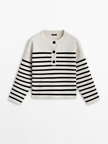 Henley neck striped knit sweater | Massimo Dutti UK