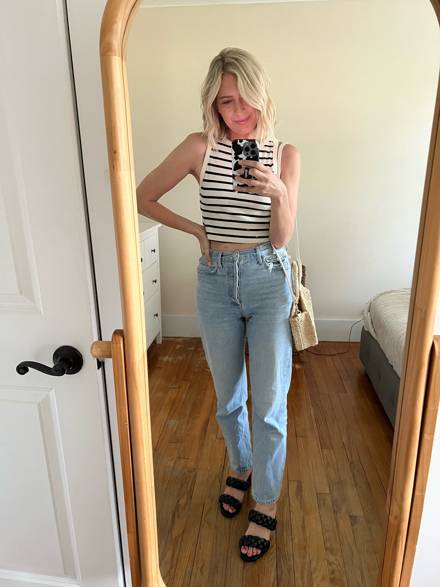 Summer outfit. Size up half size in sandals, up one size in tank, down two sizes in jeans 