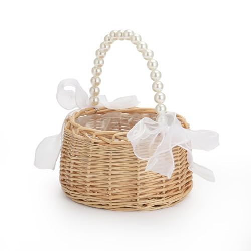 Elegant Wedding Flower Girl Basket with Pearl Handle and Ribbon Bow, Bowknot Satin Flower Basket for wedding, Rustic Handwoven Wicker Flower Basket, Versatile Picnic Basket for Outdoor (1PCS) | Amazon (US)