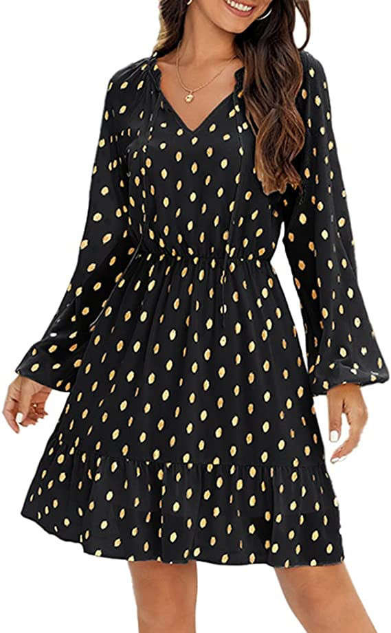 Fekermia Women's Wedding Guest Dresses Fall Long Sleeve Ruffle Tiered High Waist V Neck Tie Neck ... | Amazon (US)