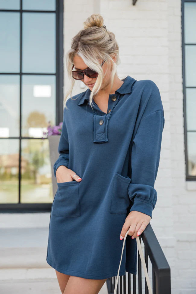 Coffee Chat Navy Button Front Knit Dress | Pink Lily