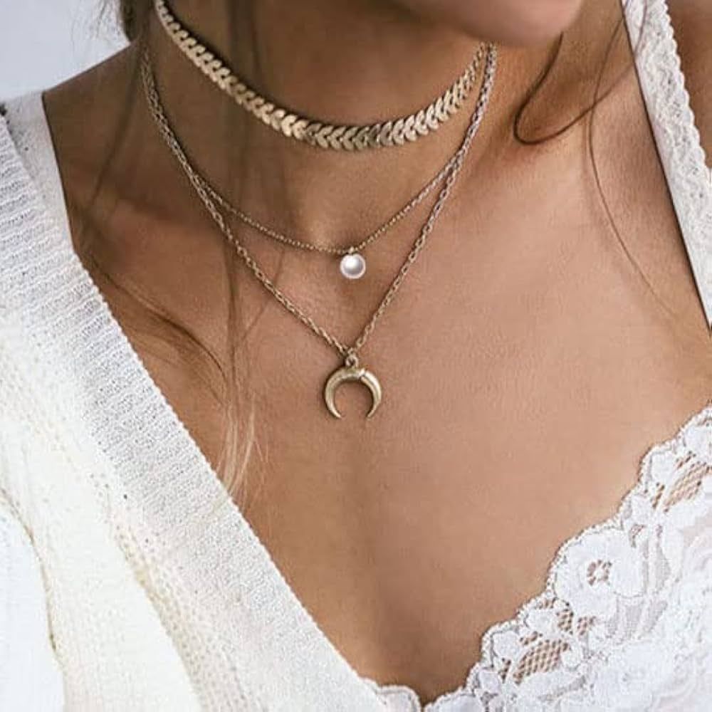 FMR Gold Crescent Moon Necklaces Multiple Layered Choker Necklace Pearl Pendant Necklace Fish Bon... | Amazon (US)