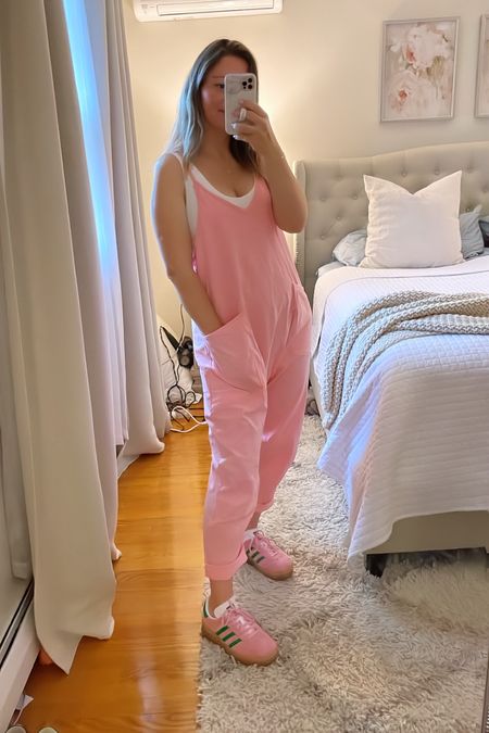 Adidas gazelle outfit  pink jumpsuit  free people romper look for less  maternity friendly outfit  bump friendly outfit 

#LTKstyletip #LTKbump #LTKfamily