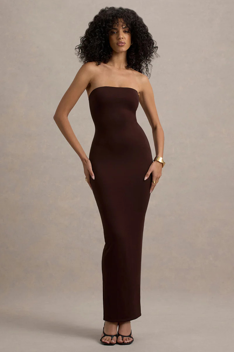 Angelie | Brown Bandeau Bodycon Maxi Dress | Club L London