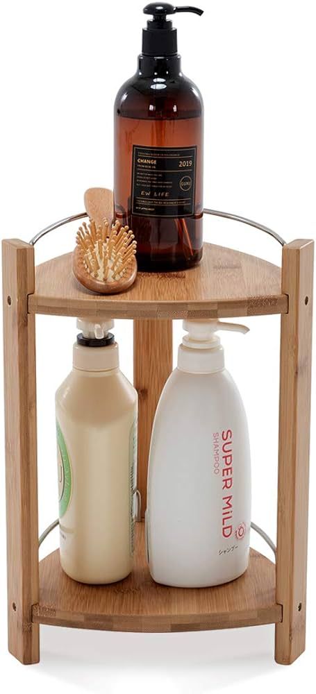 GOBAM Bamboo Shower Corner Caddy, Medium - 2 Tier Standing Shower Stand for Shampoo, Conditioner,... | Amazon (US)