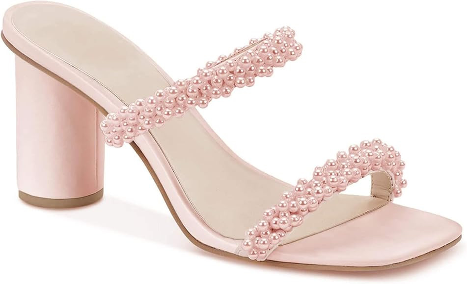 Womens Chunky Heeled Sandals Pearl Strappy Open Square Toe Slip-on Block Heels Backless Mules Sho... | Amazon (US)