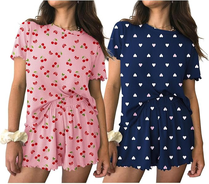 Ekouaer 2 Packs Women Pajama Set Short Sleeve Sleepwear Soft Top and Shorts | Casual Pjs Outfits ... | Amazon (US)