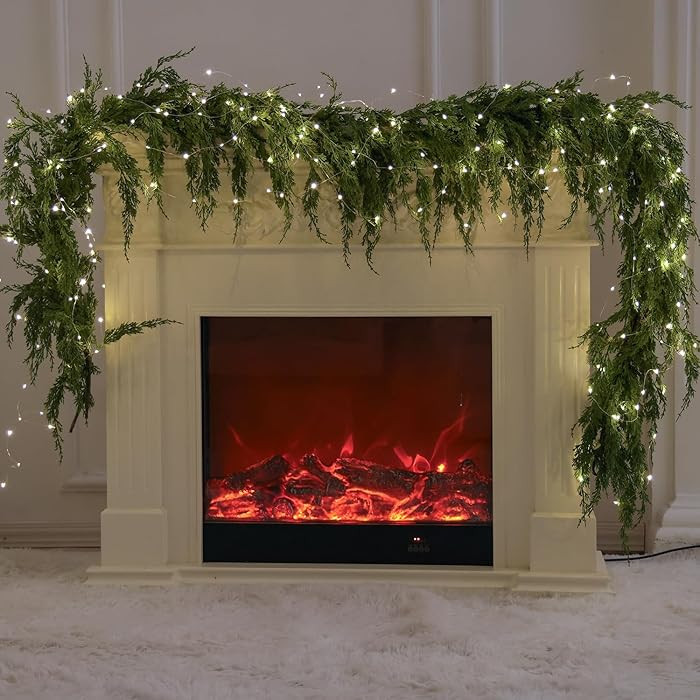 MISSPIN 9ft Christmas Garland with String Lights, Real Touch Cedar Pine Garland, Green Artificial... | Amazon (US)