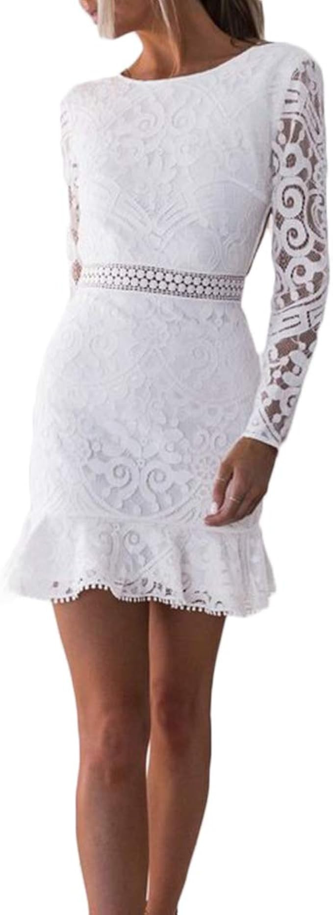 Women Lace Floral Backless Long Sleeve Bodycon Fishtail Ruffle Mini Dress | Amazon (US)