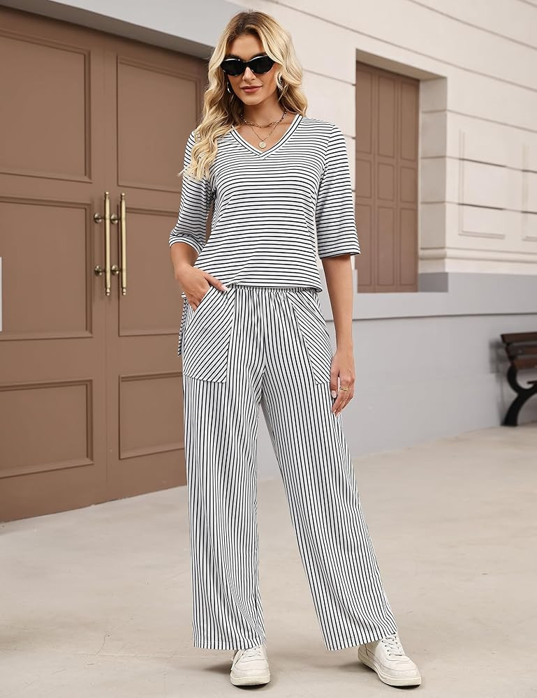 LOMON Women's 2 Piece Lounge Pajama Sets Soft 3/4 Sleeve Tops and Wide Leg Pants Loose Casual Out... | Amazon (US)