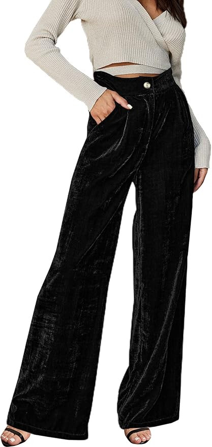 SOFIA'S CHOICE Womens Velvet Wide Leg Pants High Waisted Palazzo Trousers with Pockets | Amazon (US)