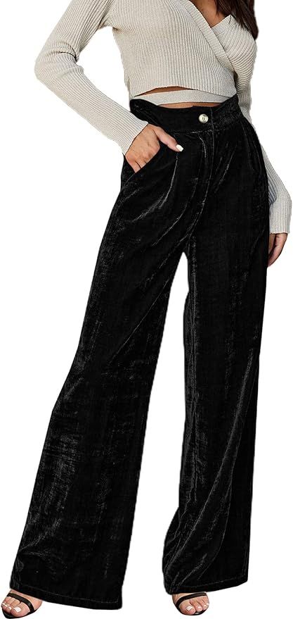 SOFIA'S CHOICE Womens Velvet Wide Leg Pants High Waisted Palazzo Trousers with Pockets | Amazon (US)