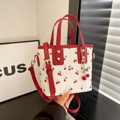 Women's Bucket Bag With Cherry Pattern, DetachableCherry Charm, And Zipper Closure - Stylish RedAccent Shoulder & Crossbody Bag For Shopping.Commuting | SHEIN