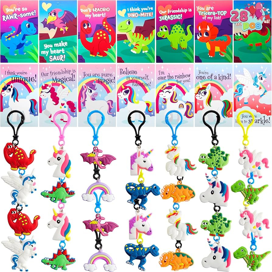 JOYIN 28 Pcs Valentine's Day Gift Cards with Unicorn Dinosaur Keychain for Kids Party Favor, Clas... | Amazon (US)