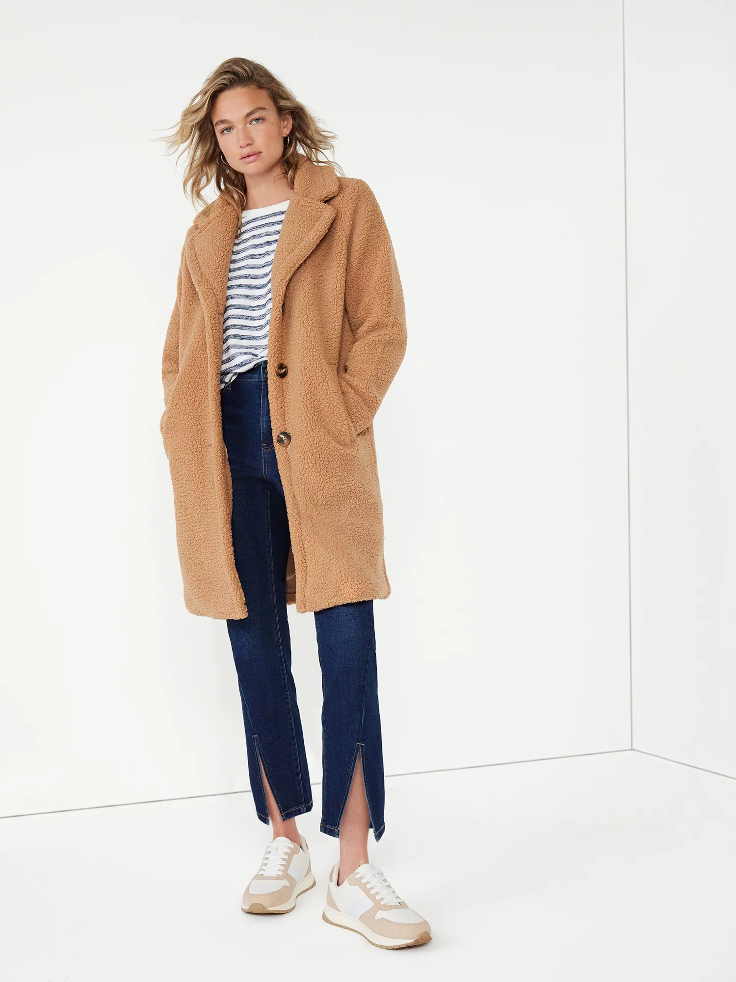 Time and Tru Women's Notch Collar Faux Sherpa Coat, Sizes XS-3X | Walmart (US)