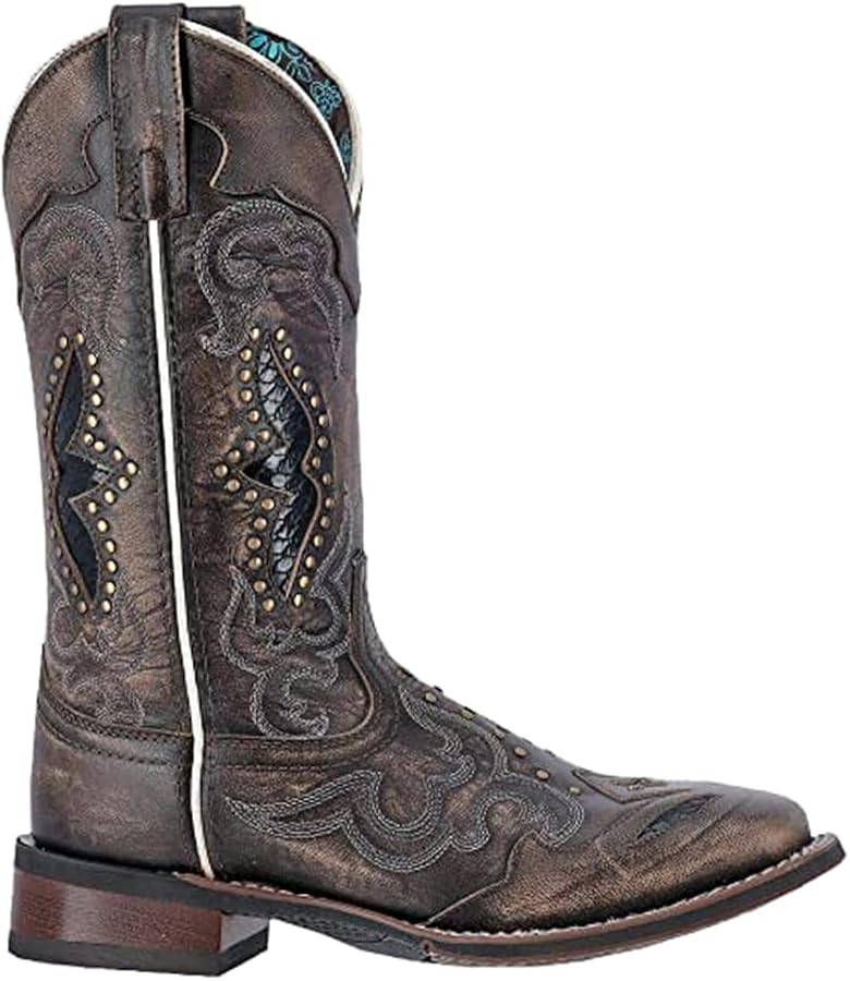 Laredo Womens Maddie Embroidered Round Toe Pull On Casual Boots Mid Calf Low Heel 1-2" - Brown | Amazon (US)