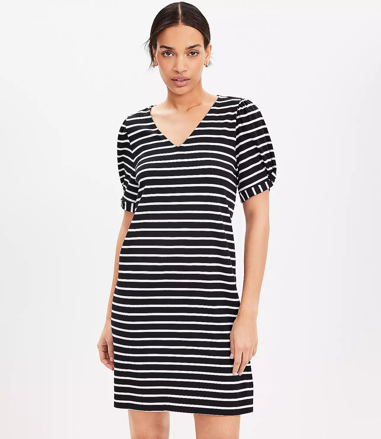 Striped Puff Sleeve V-Neck Swing Dress | LOFT