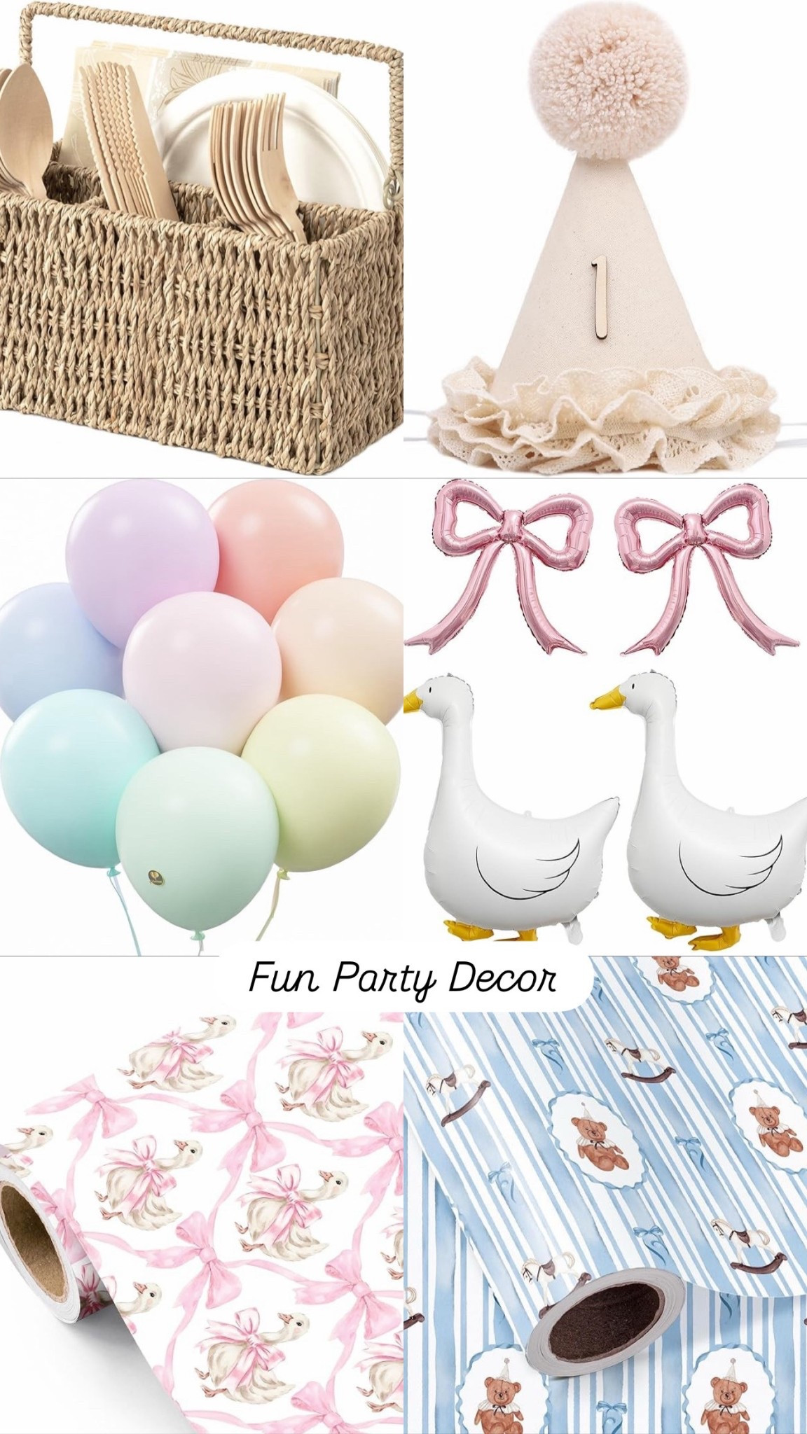 Party decor
Pastel balloons
Goose balloons
Utensil caddy
Party hats
Wrapping paper 