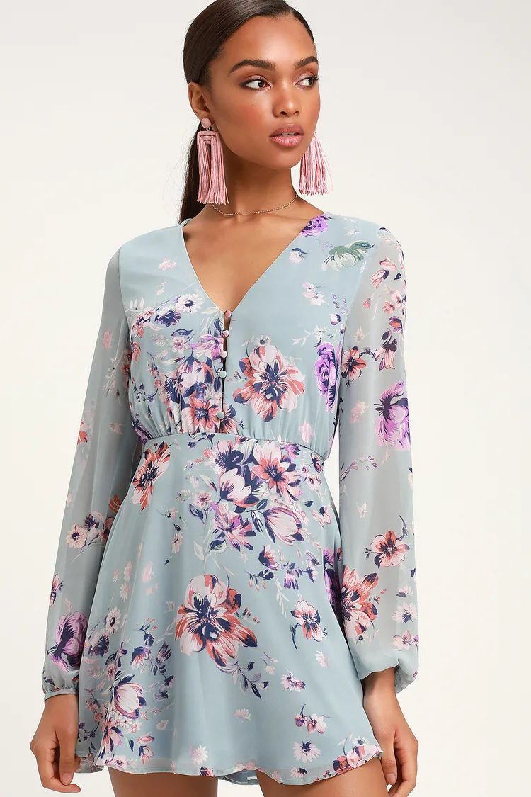 Always Yours Light Blue Floral Print Long Sleeve Skater Dress | Lulus (US)