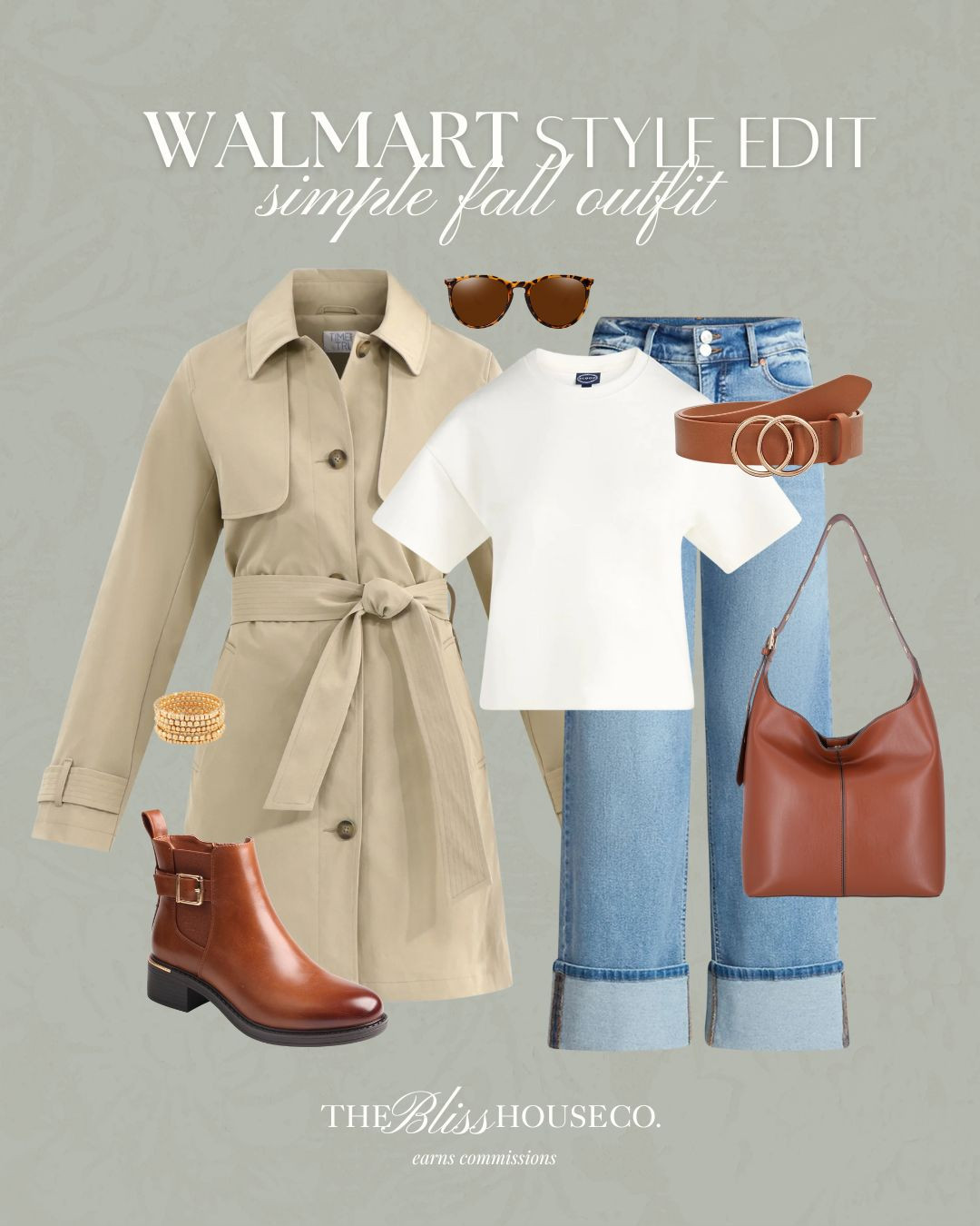 Walmart style edit! Simple fall outfit, affordable fashion finds, trench coat, simple white tee, cuff jeans, ankle booties, cognac, belt, on the go, easy outfit style 🍂 

 #LTKFindsUnder50 #LTKStyleTip #LTKItBag