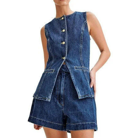GEWSEY Women's Denim 2 Piece Summer Vacation Outfits Sleeveless Button Down Shirt Zipper Shorts Set Casual Jean Outfits Two Piece Set (Blue, XL) | Walmart (US)