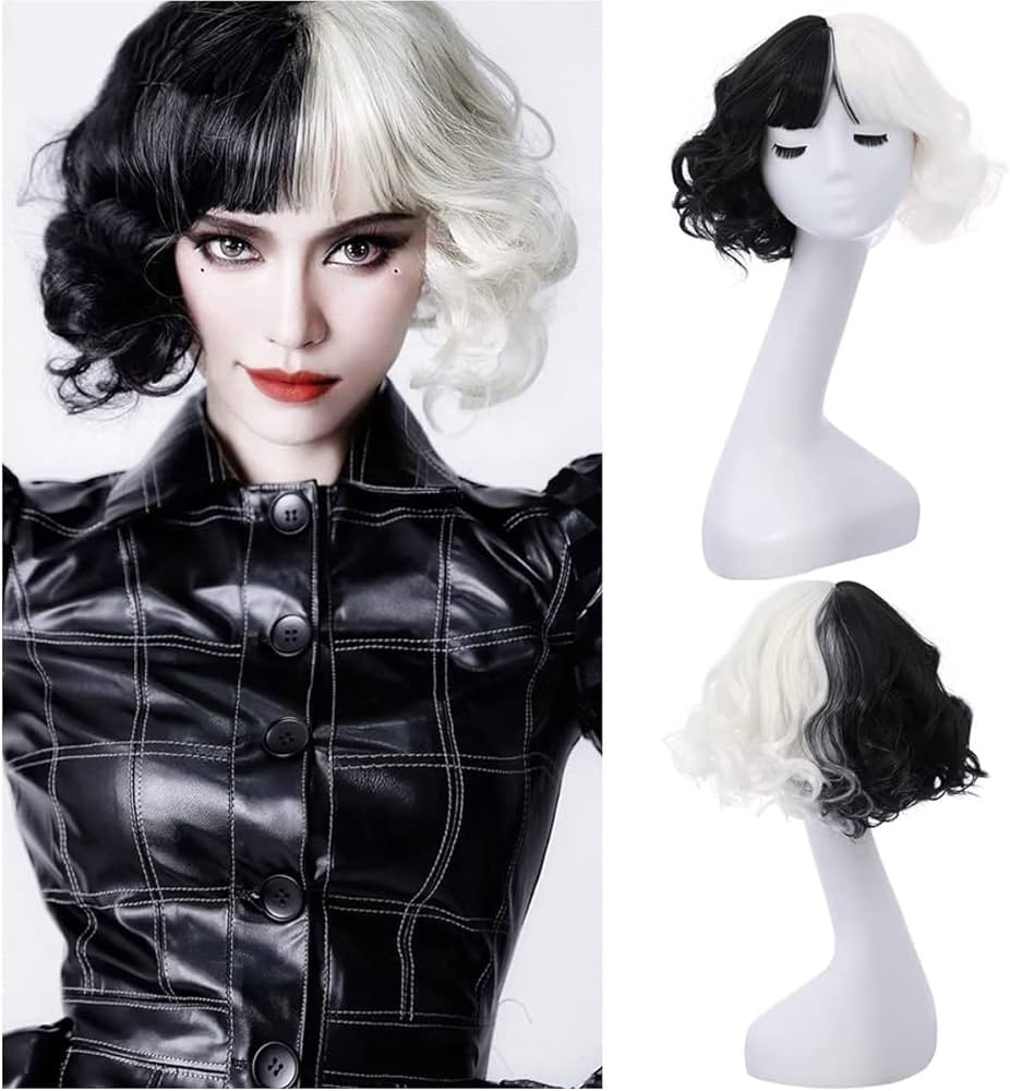 MAGQOO Half Black White Wig with Bangs Women Girls Short Curly Wavy Wig Black and White Hair Wigs... | Amazon (US)