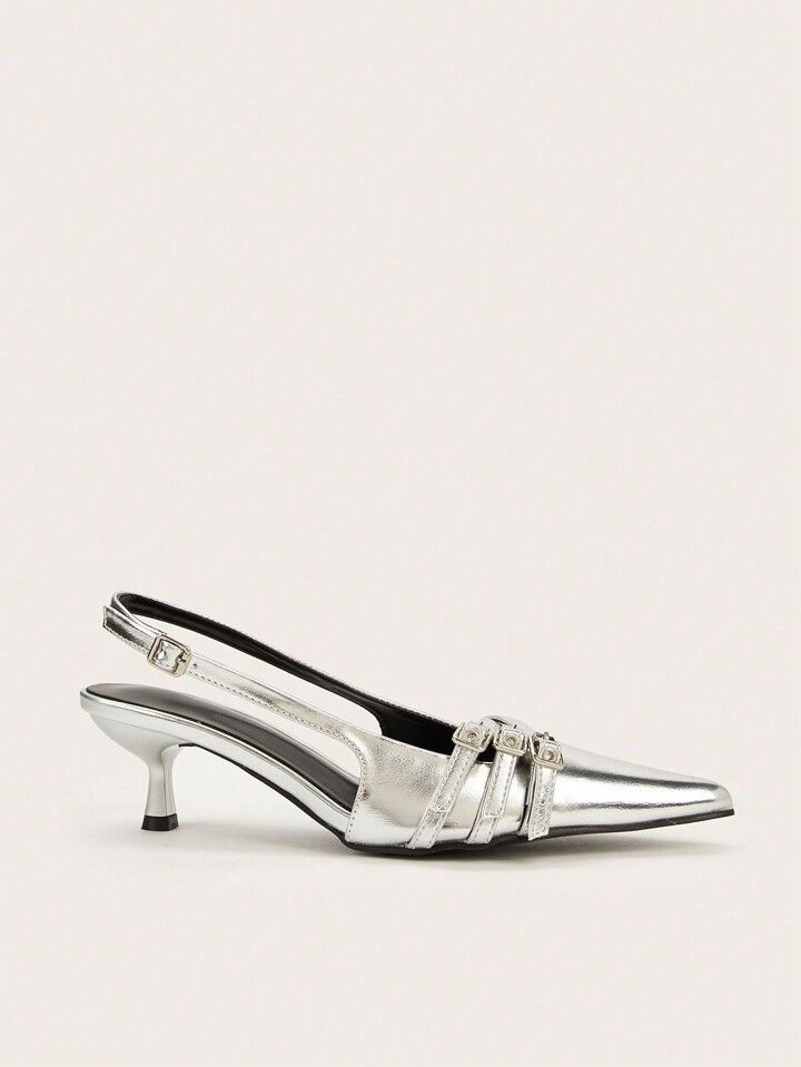 Wedding Party Elegant Silver Patent Leather Pointed Toe Stiletto Heels With Metal Ankle Strap | SHEIN