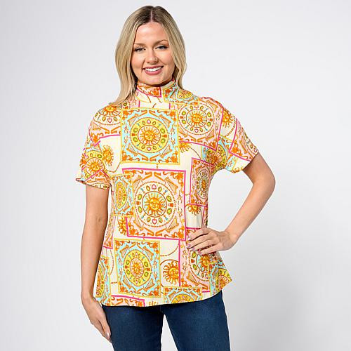 DG2 by Diane Gilman Printed Dolman Sleeve Turtleneck Top - Black - Size Large | HSN