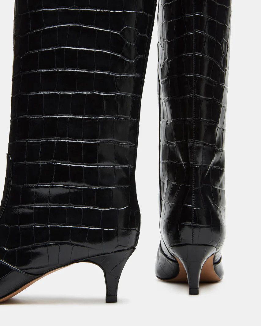 LANDER Black Crocodile Knee-High Kitten Heel Boot | Women's Boots | Steve Madden (US)