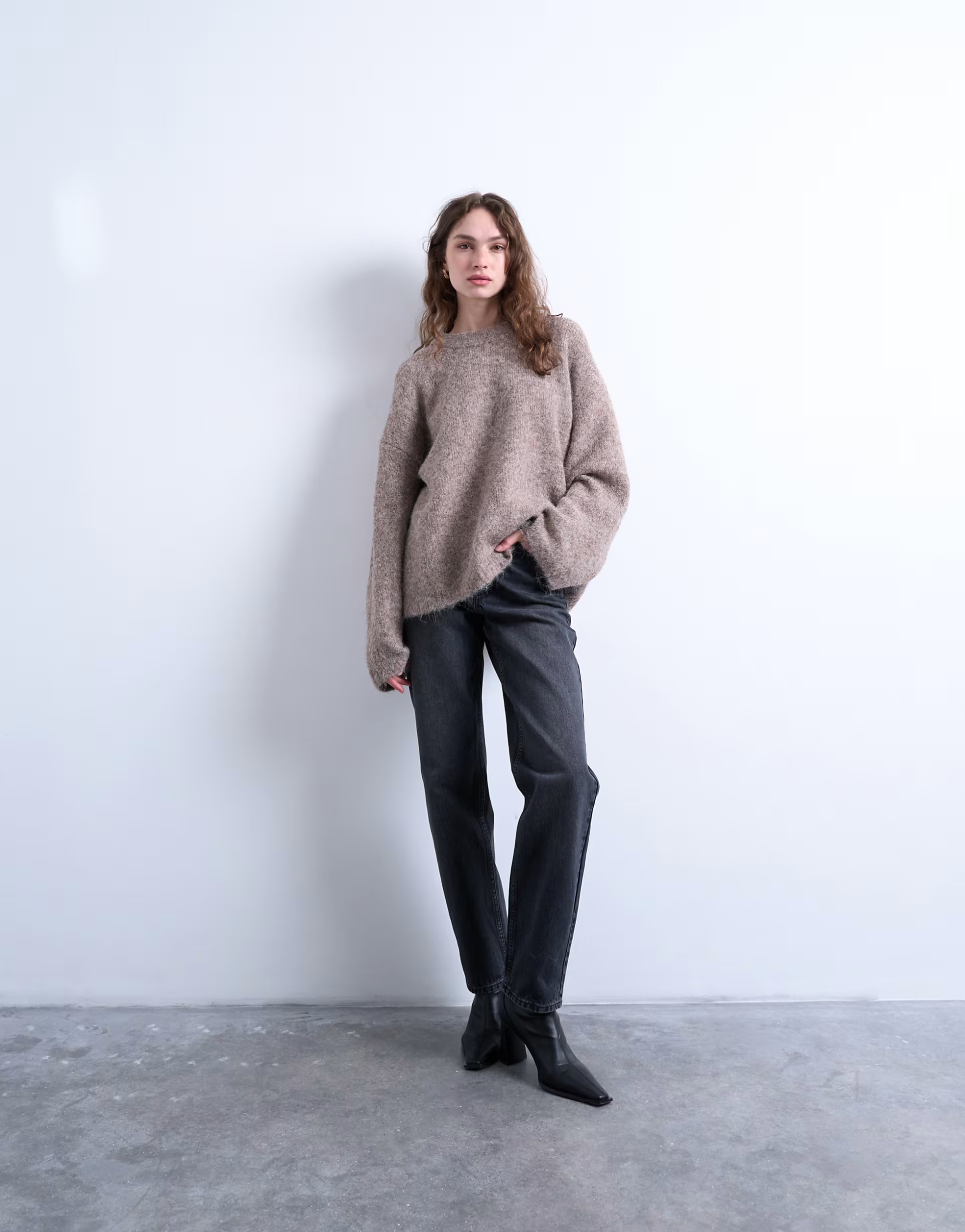 Topshop knitted boxy fluffy crew oversized jumper in coffee | ASOS (Global)