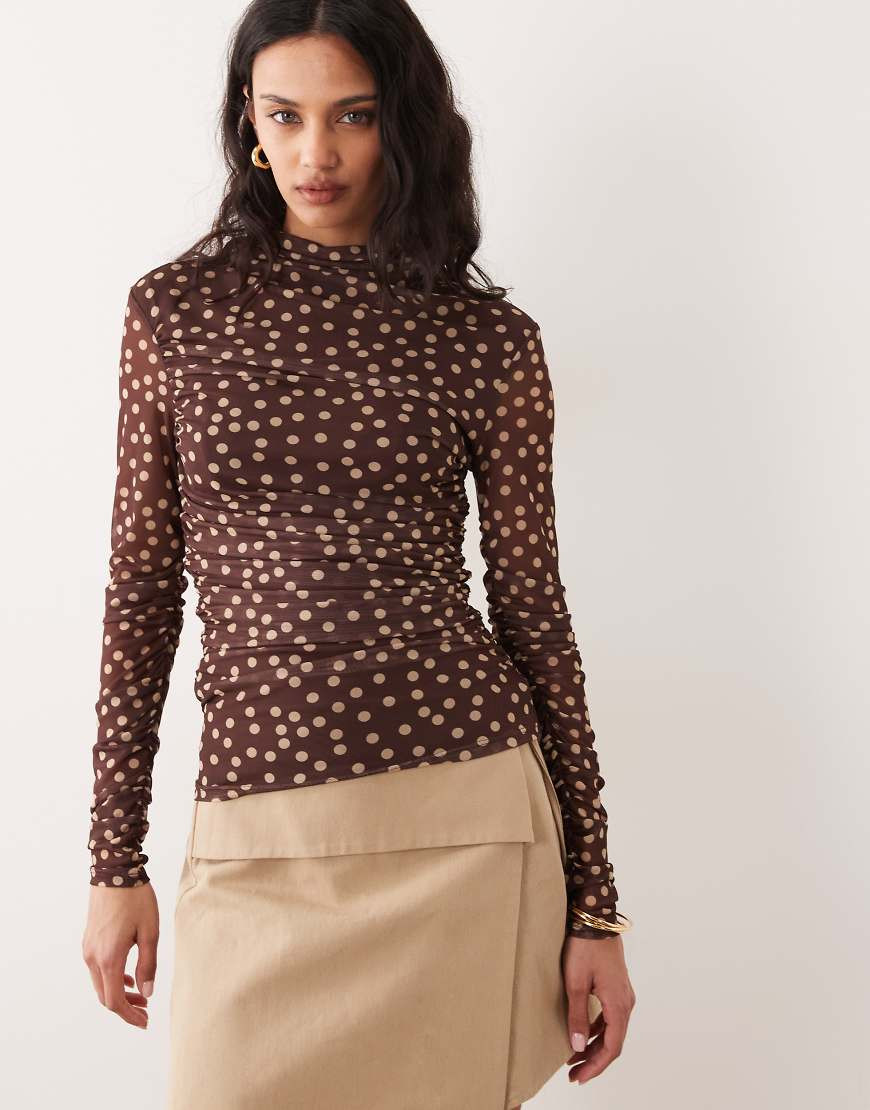 Mango high neck sheer long sleeve top in brown and cream polka dot | ASOS (Global)