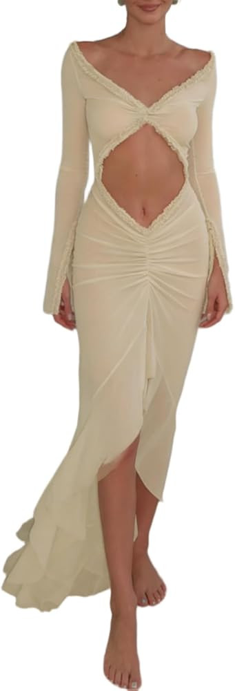 Floerns Women's Beach Vacation Mesh Sheer V Neck Maxi Dress Frill Hem Bodycon Cut Out Front Long ... | Amazon (US)