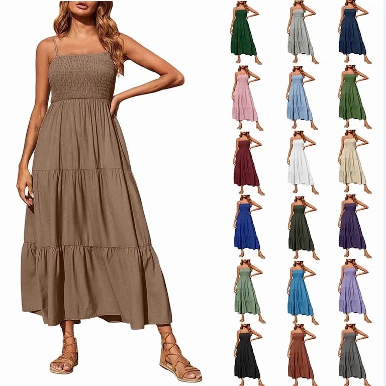 Women's Plus Size Bohemian Spaghetti Strap Smocked Tiered Long Beach Sun Dresses Comfortable Slee... | Walmart (US)