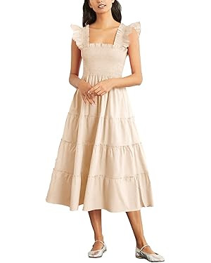 Rooscier Women's Square Neck Smocked Ruffle Sleeveless Tiered A Line Sundress Midi Dress | Amazon (US)