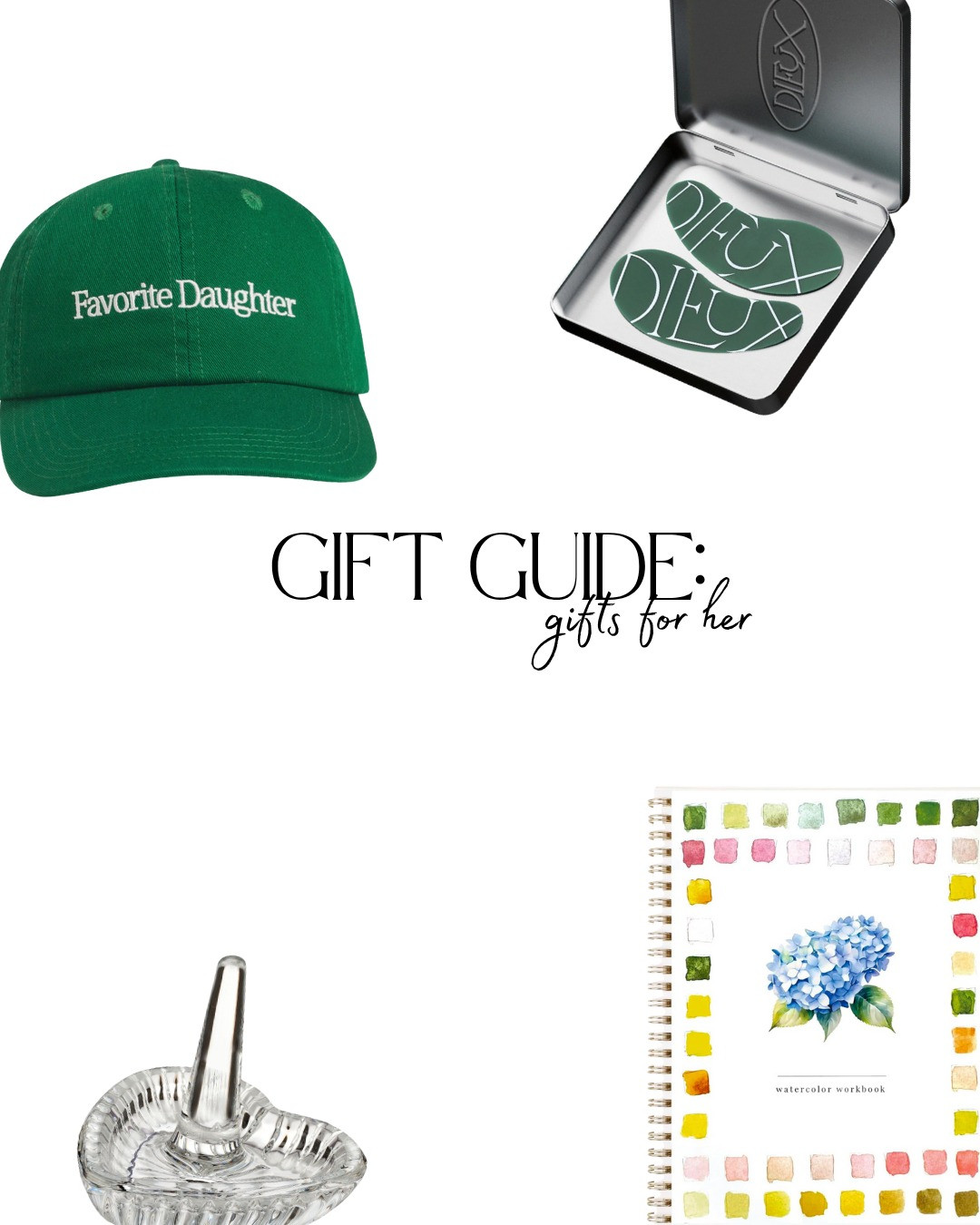 Gift guide: gifts for her
 
[Waterford Crystal Ring Holder, Watercolor Workbook, Water Coloring Book, Favorite Daughter Classic Logo Cotton Twill Baseball hat, French Hair Forks, FLAMINGO ESTATE, Pickleball Set, Heart Link Bracelet, Leather Heart Keychain, Dieux Forever Eye Mask, Satin Diamond Quilted Robe, The Heart Claw Clip, Tortoise shell hair clip, Ribbed Glass Tumblers with Lids] 

 #LTKSeasonal #LTKFindsUnder100
