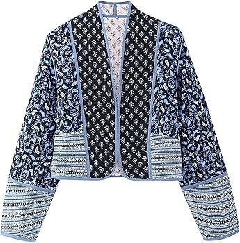 Omoone Women's Cropped Puffer Jacket Cardigan Floral Printed Lightweight Open Front Short Padded ... | Amazon (US)