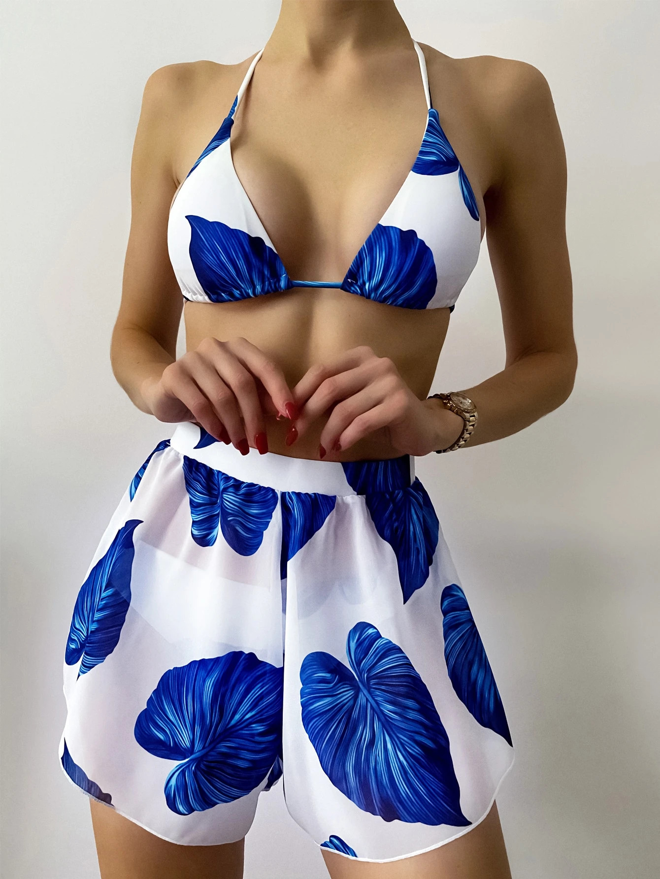 3pack Leaf Print Triangle Bikini Swimsuit | SHEIN