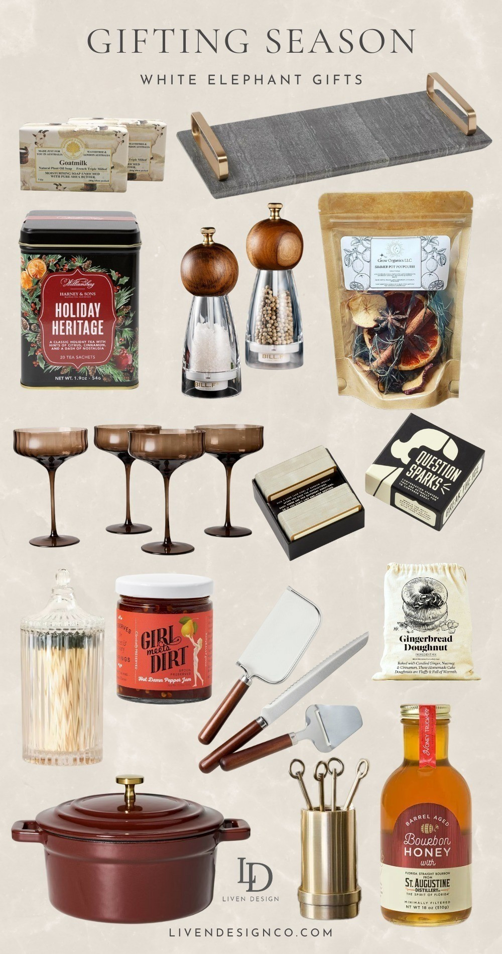 White elephant gift guide. Gifts for her. Gifts for him. Under $30. Under $25. Tea. Serving board. Cheese board. Trivia. Wine glasses. Glassware. Bar soap. Stocking stuffers. Salt and pepper set. Stovetop simmer. Foodie gift. Crock pot. Cheese knives. Matchstick holder

#LTKGiftGuide #LTKHoliday #LTKFindsUnder50