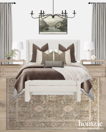Neutral bedroom design! We’re loving the pops of green and brown. Loving this neutral area rug and landscape art! 

#LTKstyletip #LTKsalealert #LTKhome