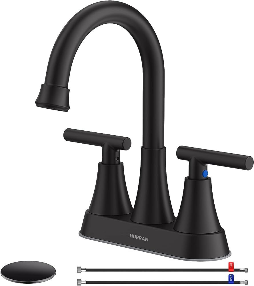 Bathroom Faucets for Sink 3 Hole, Hurran 4 inch Matte Black with Pop-up Drain and 2 Supply Hoses,... | Amazon (US)