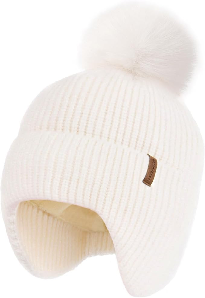 Toddler Baby Winter Hat Warm Fleece Lined Knit Kids Hat with Earflap Infant Newborn Pom Pom Beani... | Amazon (US)