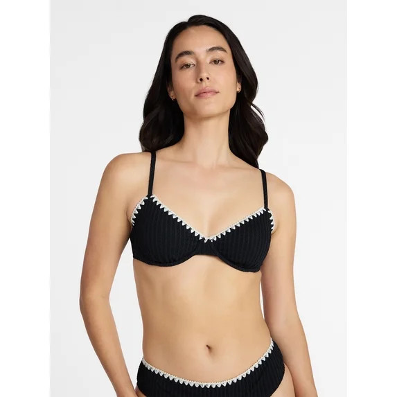 Time and Tru Women's and Women's Plus Demi Underwire Bikini Top with Contrast Trim, Sizes XS-3X | Walmart (US)