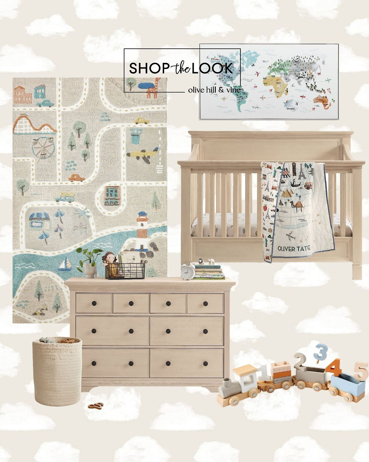 This nursery is going places! A 4-in-1 convertible crib and extra-wide dresser set the foundation, while a 3D activity town play rug and cloud wallpaper add whimsy. A braided wool basket, wooden train, and world map art complete the look—perfect for your little traveler!  

 

#LTKHome #LTKBaby #LTKBump