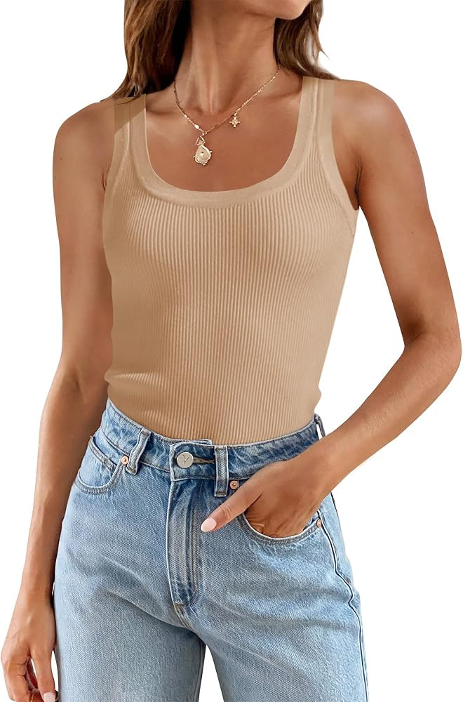 ZESICA Women's Sleeveless Tank Tops Summer Scoop Neck Ribbed Knit Slim Fitted Casual Basic Tee Sh... | Amazon (US)