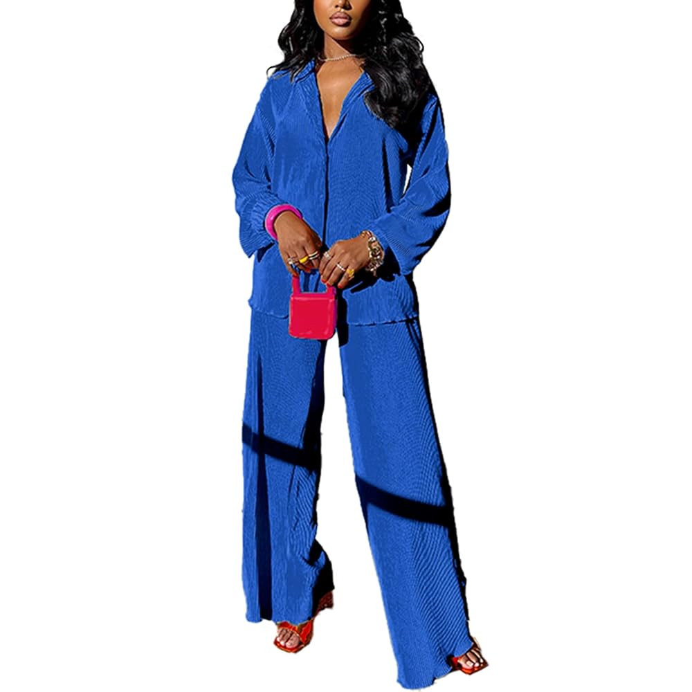 kaimimei Casual 2 Piece Outfit for Women - Linen Long Sleeve Button Down Shirt + Flare Pleated Wi... | Amazon (US)