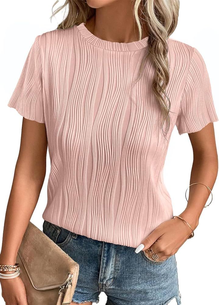 Womens Summer Tops Trendy Textured Short Sleeve T Shirts Crewneck Business Casual Outfits Tees Bl... | Amazon (US)