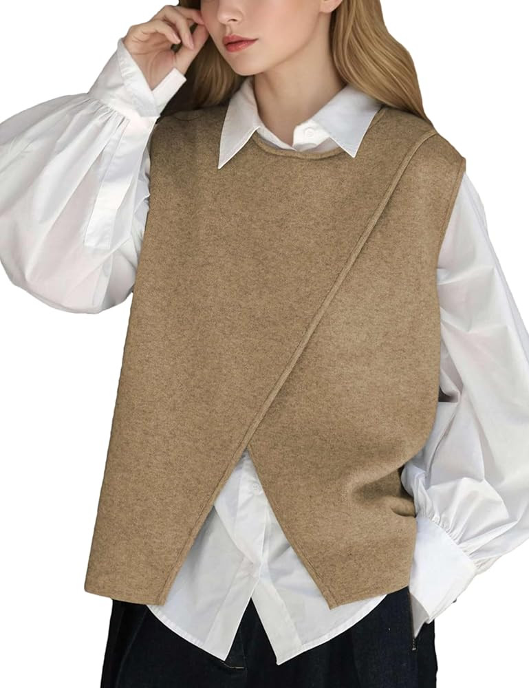 HangNiFang Women's Front Split Sweater Vest Sleeveless Knitted Pullover Tops Fall Outfits | Amazon (US)