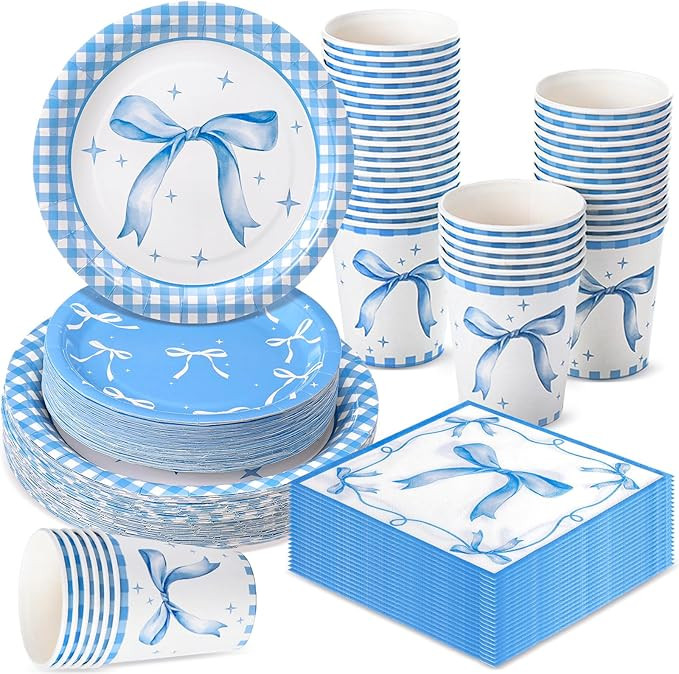 Pickmesh 250 Pcs Blue Bow Party Supplies Kit Disposable Bowknot Tableware Set Paper Plates and Na... | Amazon (US)